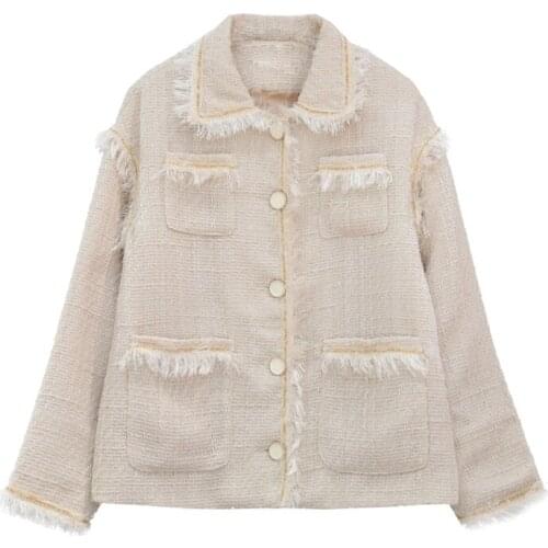 PERHAPS U Women Khaki Plaid Notch Collar Long Sleeve Single-breasted Pocket Loose Suit Fit Casual Chic Blazer Tweed Tassel C0256