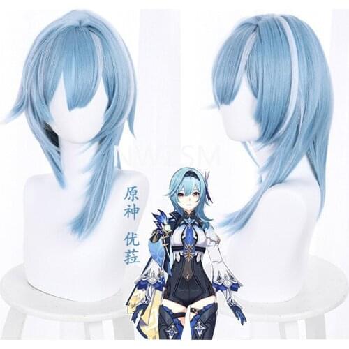 Genshin Impact Eula Cosplay Wig Women 48cm Short Wig Blue Wig Cosplay Anime Cosplay Wigs Heat Resistant Synthetic Wigs Halloween