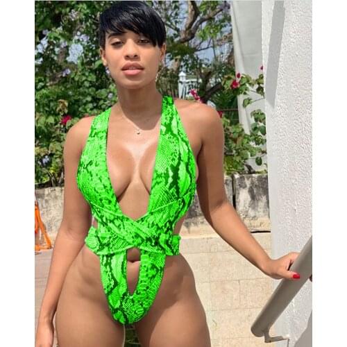 Women Sexy Hollow Out Snake Print V Neck One Piece Swimsuit Monokini Swimwear Maillot De Bain Femme Badpak Dames
