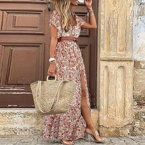 2021 Womens Long Dress Summer V-neck Boho Belted Maxi Dress Casual Sexy Party Dress Ladies Bohemian Beach Holiday Sundress