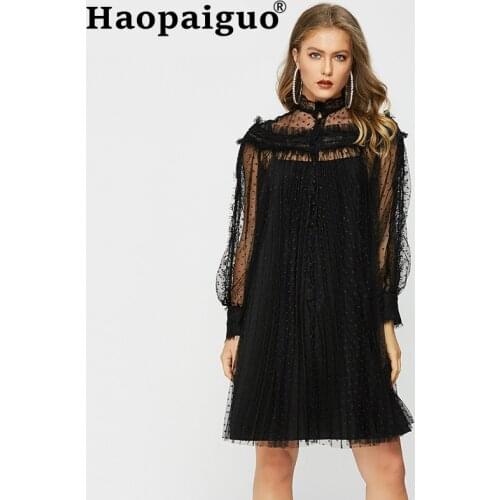 2019 Autumn Winter Casual Loose Europe Black Lace Dress Women Long Sleeve Polka Dot Dress Women Streetwear Vacation Sexy Dress