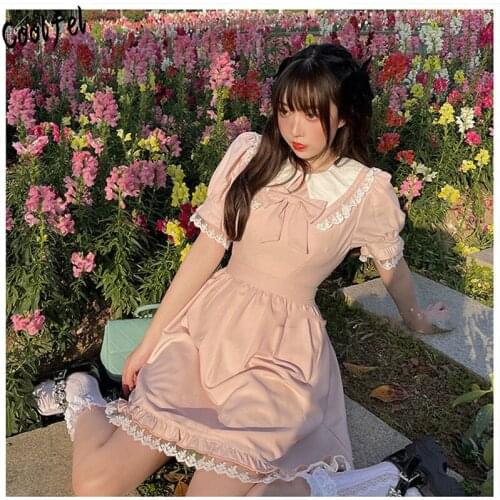 COOLFEL Summer Sweet Lolita Dress Women Peter Pan Collar Solid Color Puff Sleeve Slim Waist Dress Female Princess Dress