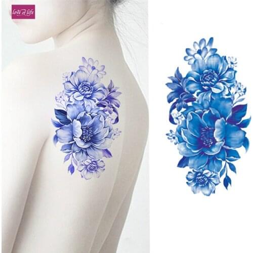1 piece Indian Arabic Fake Temporary Flash Henna Tattoo Stickers Blue Rose Flowers Arm Shoulder Leg Tattoo Waterproof