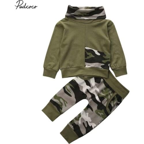 2019 Brand 2PCS Kids Baby Toddler Boy Camouflage Clothes Set Pocket Turtleneck T-shirt Tops Pants Outfits New Winter Autumn Set