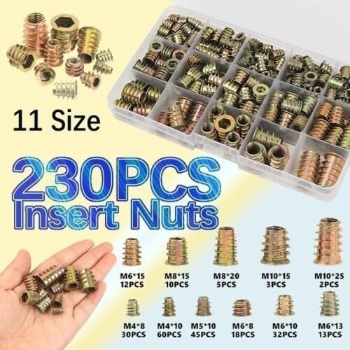 230PCS Assorted Flanged Hex Drive Head Furniture Nuts M4 M6 M8 M10 Zinc alloyl Thread For Wood Insert Nut