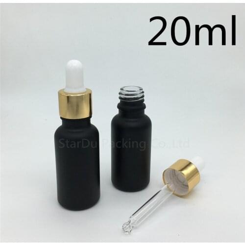 Free shipping 500pcs 20ml black frosted glass essential oil bottle with gold ring dropper glass perfume bottle