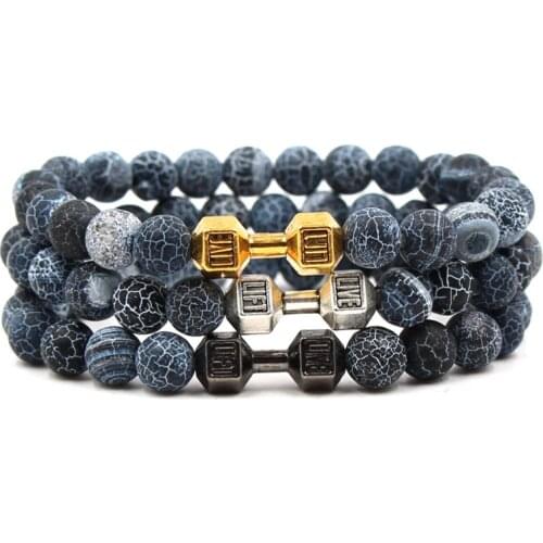 8MM Weathered Stone Beads Barbell Bracelet Antique Gold Dumbbell Charms Women Men Fashion Bracelet Jewelry