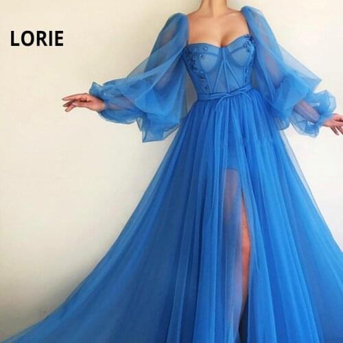 Cocomylody Blue Prom Dresses Long Puffy Sleeve Tulle Backless Formal Evening Party Gowns Beauty Pageant 2020 Custom Made dress