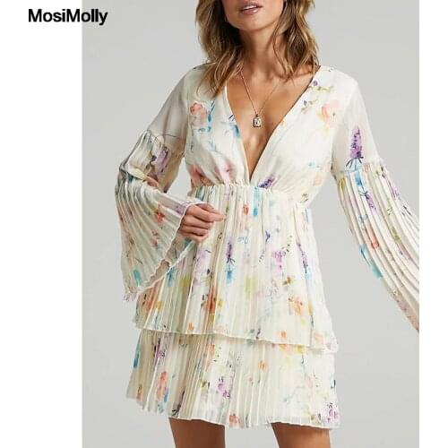 MosiMolly 2021 Floral Dress Women Pleated Dress Flare Sleeve Mini Dress Cake Dress Female Vestidos