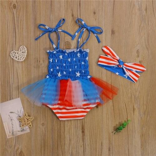 Kid Girl Romper Midi Star Striped Printed National Flag Pattern Dress Headband Suit for Independence Day 0-18 Months