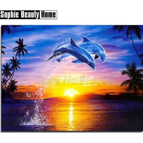 Diy 5D Diamond Painting Cross Stitch Animal Dolphins In Sunset Diamond Embroidery Pattern Full Drill Mosaic Home Decor 18A037