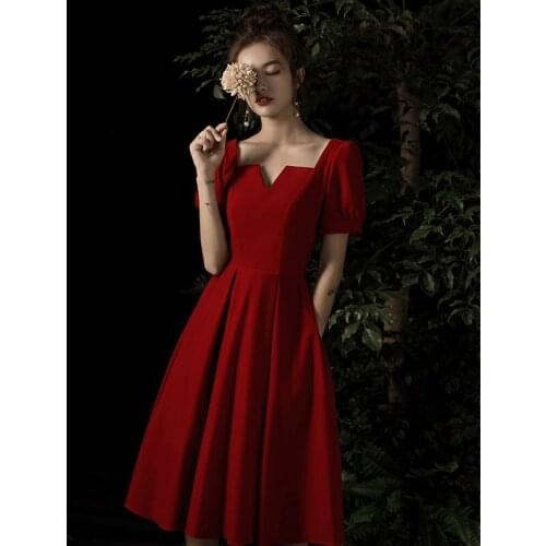 Elegant A-Line Toast Clothing Burgundy Square Neck Short Sleeve Party Dresses Women Formal Wedding Dress вечернее платье