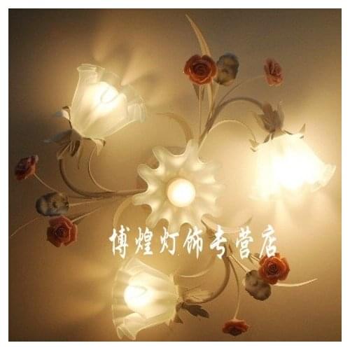 European-style garden living room Romantic Restaurants white wrought iron pink ceramic flowers glass lampshade Ceiling Lamp c140