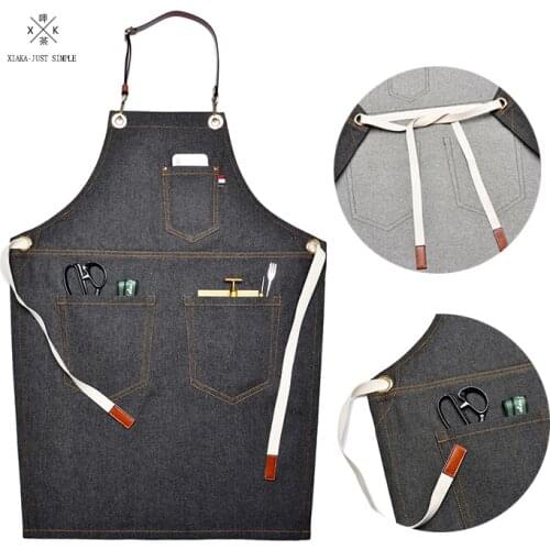 Restaurant work apron denim leather apron barista barber floral nail tea shop uniform aprons