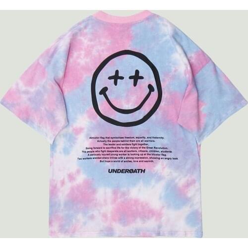 Mens Tie Dye Smiley Letter Printed T Shirt 2021 Summer Hip Hop Streetwear Cotton Loose Casual Short Sleeve T-Shirts Unisex Tops