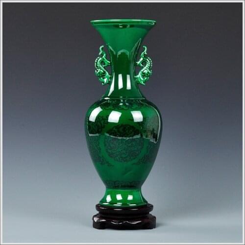 Chinese antique jade green color ceramic vases with double ear design qing qianlong mark