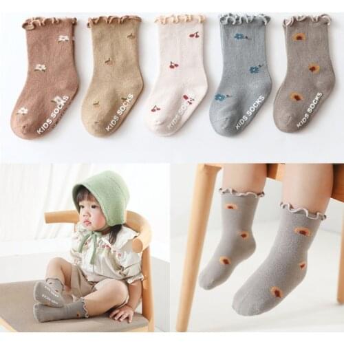 KLV 0-5 Years Toddlers Girls Frilly Socks Soft Cotton Baby Ankle Sock Flower Pattern Children Socks Anti Slip Infant Floor Sock