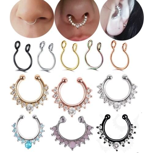 1Pc 10mm Zircon Fake Septum Piercing Nose Ring Hoop nose For Girl Men Faux Body Clip Rings non Body Jewelry Non-Pierced