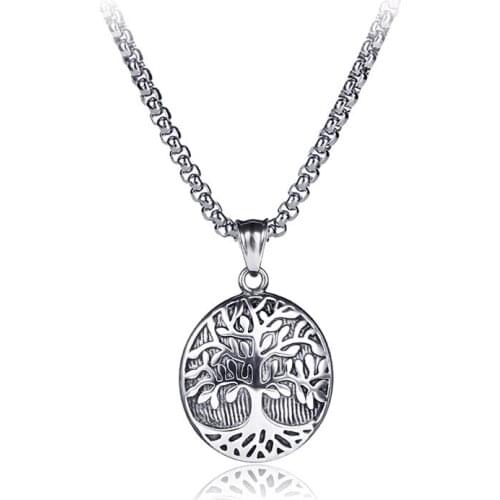 Tree of Life Stainless Steel Pendant Necklace for Men Women Vintage Round Silver Color Statement Necklaces Jewelry Gift LN3028