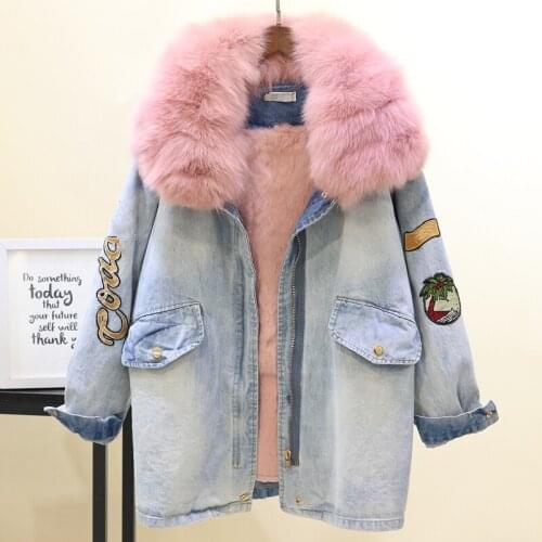2020 Winter Fox Fur Collar Jackets Women Rabbit Fur Liner Parka Coat Female Long Warm Denim Jackets Woman Casual Loose Fur Coats