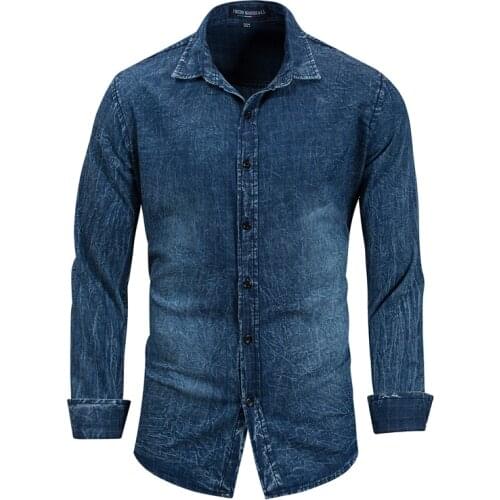 2020 Summer New Military Blue Shirt Men Vintage Washed Plaid Denim Shirts Long Sleeve Casual 100% Cotton Brand Men Clothes