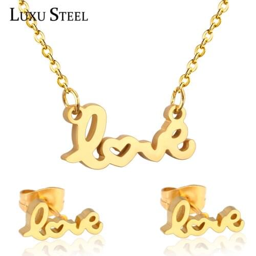 LUXUSTEEL ensemble collier Sets Gold Color Stainless Steel Letter Love Pendant Necklace Earring Brinco Party Choker Jewelry 2020