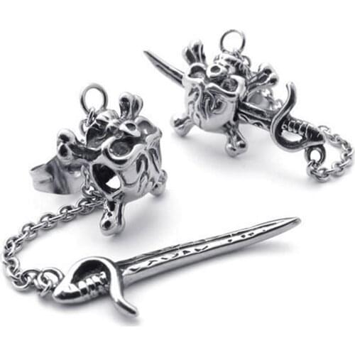 Mens Jewelry Earrings, Studs Retro Style Gothic Skull Pirate Skull Motorcycle Titanium steel, Silver