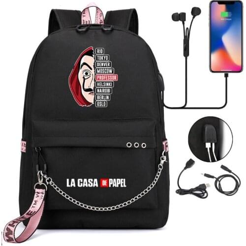 New La casa de papel School Backpacks Capacity USB Charge Backpack Waterproof Bagpack School Bags Teenage Travel Mochila