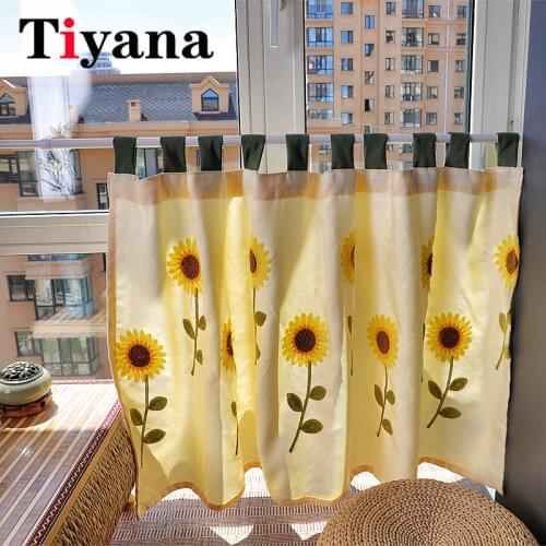 Rustic Embroidered Sunflower Shor Curtain For Kitchen Bookcase Decor Door Half Romantic Curtain Partition Window Drapery JK067X