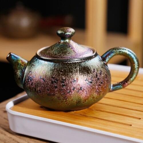 Tian mu you Kiln Colorful Peacock Tea Cup Teapot Ceramic Tea Set Home Office Tureen Teapot shou zhua hu Tea