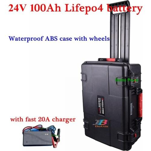 Waterproof 24V 100AH Lifepo4 lithium battery BMS 8S with wheel trolley case for Solar System vehicle boat +20A Charge