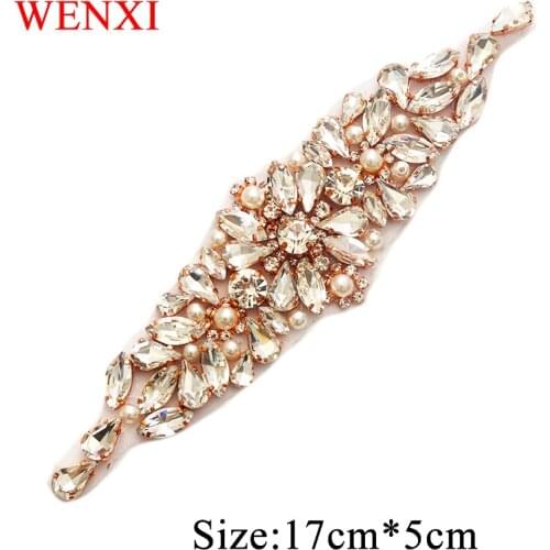WENXI 10pcs Handmade Rose Gold Rhinestone Applique For Wedding Dresses Waistband Rhimestone Applique Patch WX892