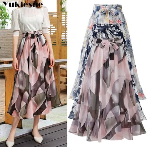 Plus Size floral Print Skirts Womens Spring chiffon A Line Pleated Long Skirt Casual High Waist Maxi Skirts Woman Streetwear