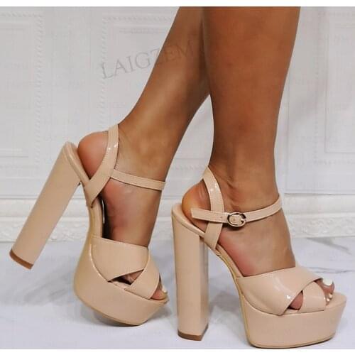 SEIIHEM Women Platform Sandals Block High Heels Nude Shiny Pumps Ankle Strap Spring Summer Shoes Women Plus Size 41 42 46 50 52