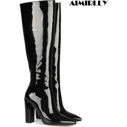 Womens Pointed Toe High Heels Knee Boots Block Heel Black Patent Leather Ladies Winter Fashion Footwear Short Zipper