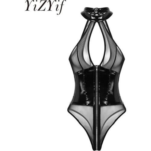 Women Wet Look Patent Leather Sheer Mesh Splice Lingerie Bodysuit Breast Hollow Out High Cut Zippered Leotard Bodysuit Nightwear