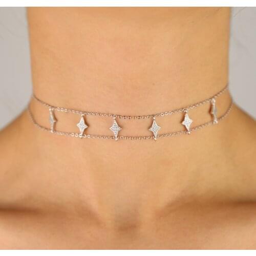 2019 summer new 925 sterling silver double link chain choker necklace north star cubic zirconia paved setting women wedding gift