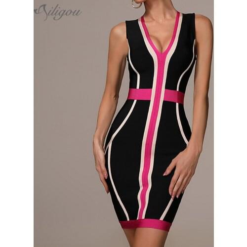 Ailigou 2021 Summer New WomenS Sexy Striped Stitching Dress Bandage Deep V-Neck Bodycon Party Club Dress