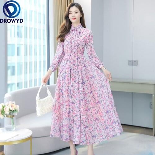 Spring Autumn Elegant Floral Chiffon Beach Dresses 2021 Vintage Print Boho Pink Dress Women Fashion Bodycon Party Maxi Vestidos