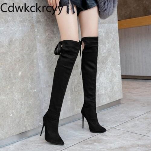 Winter The New fashion Pointed Fine heel 12CM High tube Over the knee long Boots black Sexy Lace Keep warm High heel Women boots