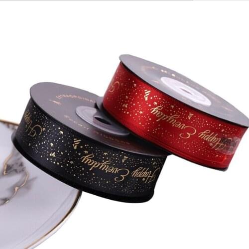 20yards 2.5cm wide Gilt lettering printing with gift box flower packing material gold dot English letter ribbon bow ribbon