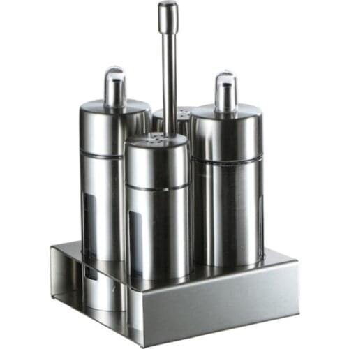 4 Pcs Stainless Steel Spice Jars Set with Storage Rack Cruet Condiment Salt Tooldrowship