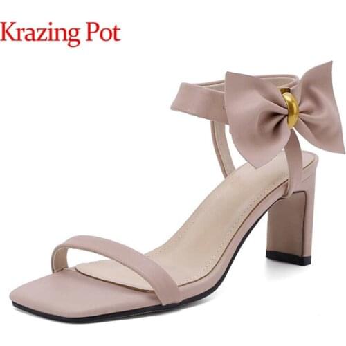Krazing Pot genuine leather square toe high heel butterfly-knot metal sweet fairly solid dating buckle straps women sandals L46