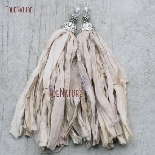 Elegant Silver Beads Oxidized Antique Silver Tassel Cap Ivory Sari Silk Tassel Pendant For Jewelry Making In 6.8 inch PM8972