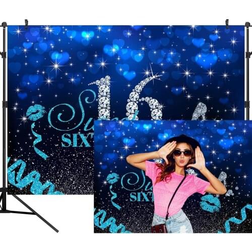 Sweet 16th Birthday Party Backdrop High Heel Diamond Sweet Sixteen Photography Background Blue Bokeh Glitter Girls Birthday