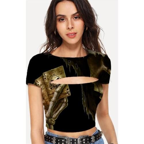 Somepet Skull T-shirt Women Skeleton Hollow Out T shirts Playing Cards Navel Bare Rock Shirt Print Womens Clothing Punk Rock
