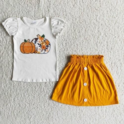 Hot Sale 2021 New RTS Pumpkin Deisnger Outfits Toddler Girls Short Sleeve and Skirts Hallowmas Set