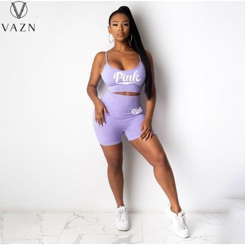 VAZN 2021 Summer Letter Beach Sexy Young Soft Fashion Spaghetti Strap Top Short Pants Slim Women 2 Piece Set Women Wear