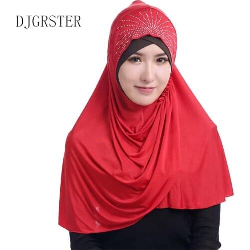 DJGRSTER 5pcs/lot 7 Colors Muslim Hijabs Polyester Stick Rhinestones Turbans Covering Whole Inner Skull Islamic Hat Under Scarf