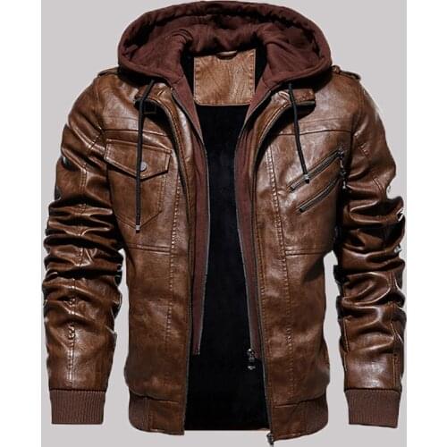 Motorcycle PU Jacket Mens Winter Casual Fashion Leather Jackets Male Slim Removable Hooded Warm Outwear Fleece Mens Clothing